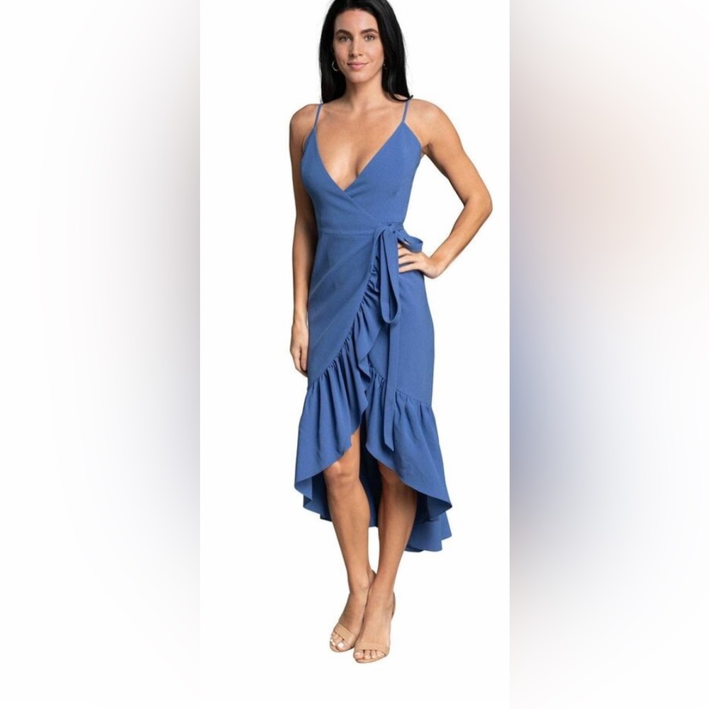 NWT Dress the Population Delphine Crepe Wrap Midi Dress in Blue - Size XXS (0-2)